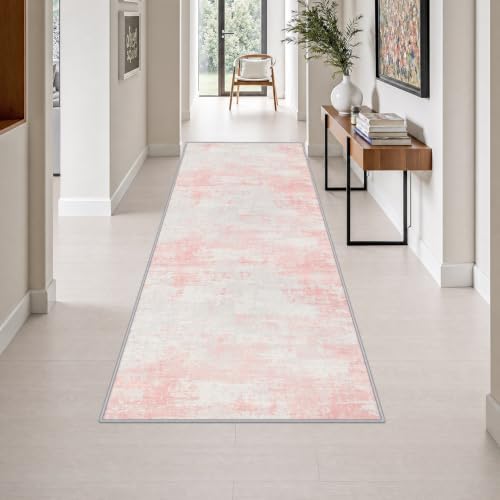 3x8 Washable Runner Rug：Modern Abstract Soft Carpet Pink White by FXRHLP