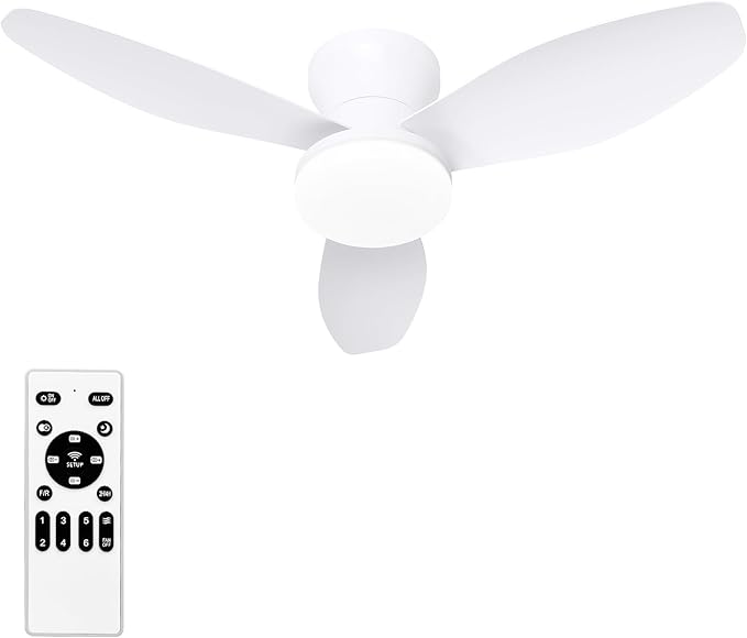 Glowall Small Ceiling Fan with Lights, 32 Inch Flush Mount with Remote Control, Reversible Quiet DC Motor, White, 3 Blades, 6 Speeds, Dimmable LED, Adjustable Color Temperature, Timer