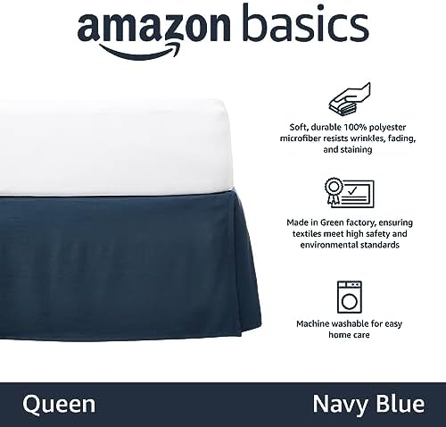 Amazon Basics Lightweight Pleated Bed Skirt, Fade Resistant, Wrinkle Resistant, Machine Washable, Queen, Navy Blue - Image 2