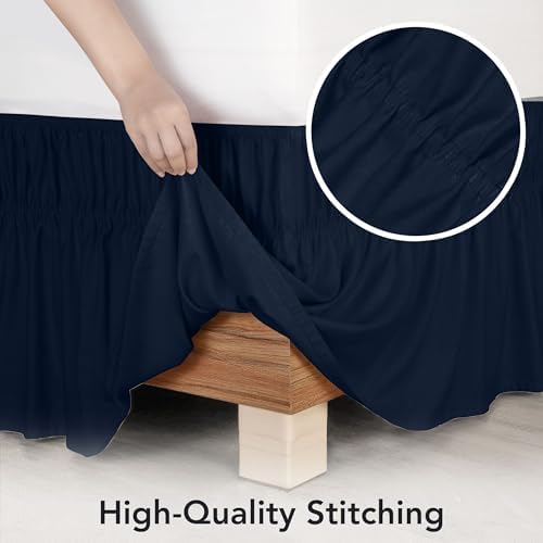 Wrap Around Queen Bed Skirt, Easy Fit Elastic Belt, 16 Inch Drop, Navy - Image 6