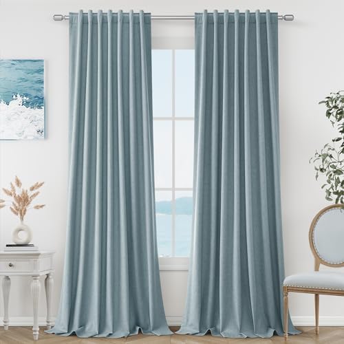 Guken 100% Blackout Blue Linen Curtains 86 Inch Long for Bedroom 2 Panels by Guken
