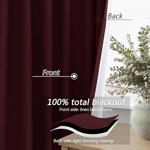 Guken Extra Long 100% Blackout Burgundy Linen Curtains 108 Inches - Image 4