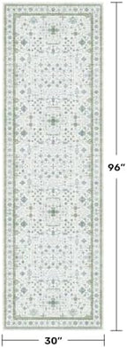 Hazo Haus Oushak Wide Hallway Runner Rug 2'6"x8' - Vintage Turkish Floral, Washable Low Pile Non Slip Extra Long Runners for Kitchen, Hall Way - Cream Blue and Green - Image 2