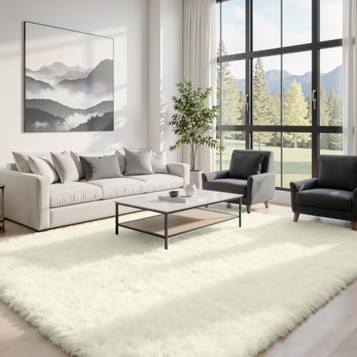 5x8 Fluffy Shag Area Rugs for Living Room Bedroom: Soft Carpet Cream White - Image 3