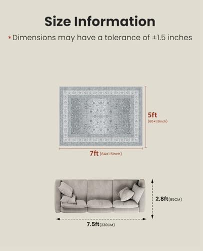 Amada 5x7 Washable Area Rug for Living Room, Silver/Gray, Vintage Pattern - Image 2