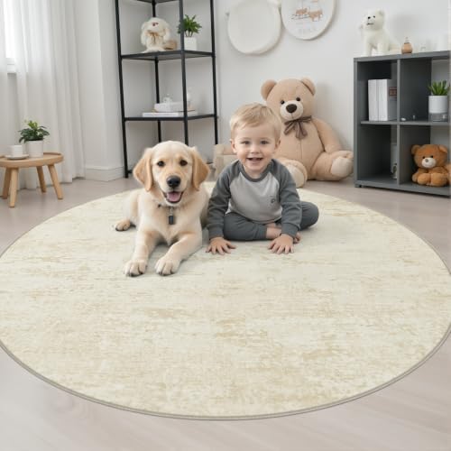 Round Area Rug Living Room: 5 ft Modern Washable Carpet Taupe - Image 3
