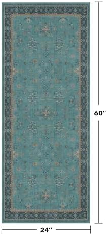 Teal Boho 2x5 Non Slip Small Kitchen Rug Runner - Washable Low Pile & Soft Carpet for Bathroom, Bedroom Beside Bed, Non Skid Floral Vintage Rugs for Laundry Room, Entryway - Image 2