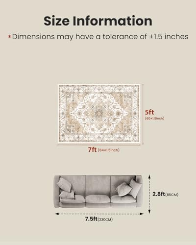 Amada 5x7 Washable Area Rug for Living Room, Beige, Vintage Pattern - Image 2