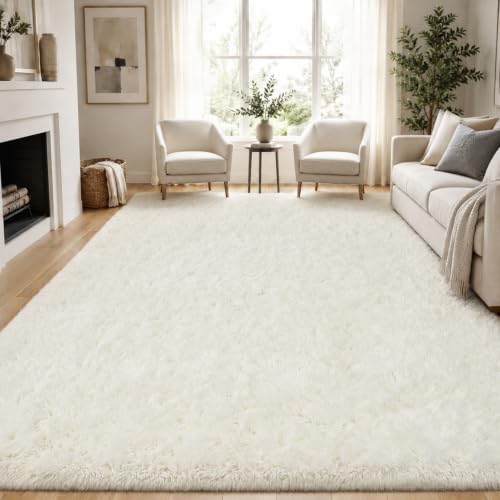 PLHXFR 9x12 Area Rugs Living Room: Fluffy Bedroom Rug Shag Carpet White by PLHXFRSoftAreaRugs
