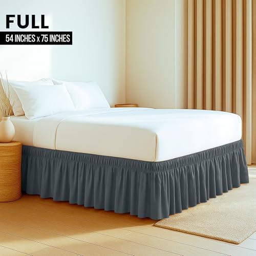 Wrap Around Full Bed Skirt, Easy Fit Elastic Belt, 16 Inch Drop, Grey - Image 2