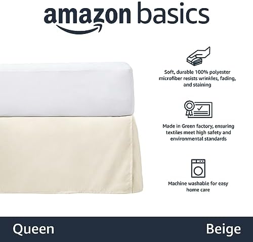 Amazon Basics Lightweight Pleated Bed Skirt, Queen, Beige, Wrinkle Resistant, Fade Resistant, Machine Washable - Image 2