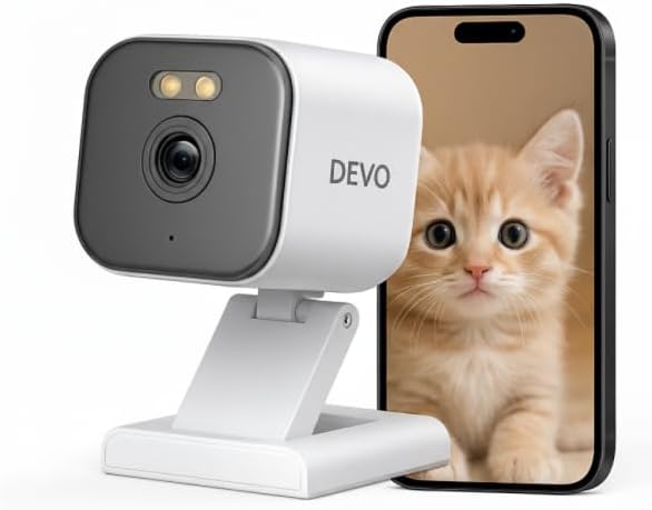Devo CCAZ10 Security Camera 2K | Indoor|Pet Camera & Baby Monitor | 2-Way Audio, Color Night Vision, Live Stream, Motion Alerts & Notifications White,1 Cam