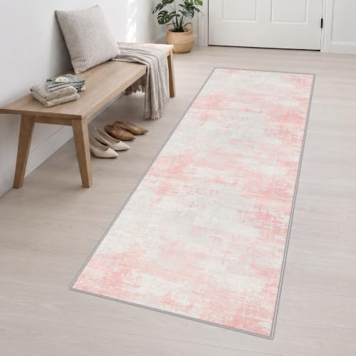 3x10 Washable Runner Rug：Modern Abstract Soft Carpet Pink White - Image 3