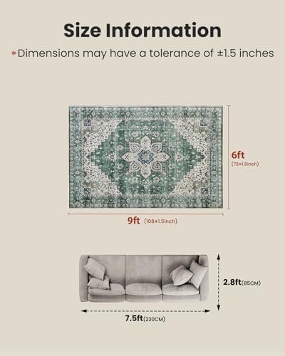 Amada 6x9 Washable Area Rug for Dining Room, Dark/Green, Vintage Pattern - Image 2