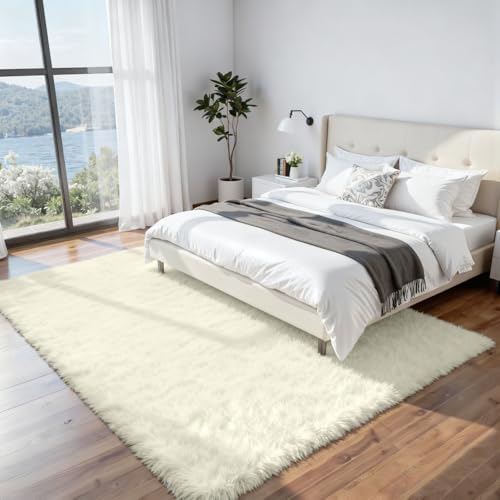8x10 Fluffy Shag Area Rugs for Living Room Bedroom: Soft Carpet Cream White - Image 2