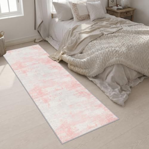 2.6x10 Washable Runner Rug:Modern Abstract Soft Carpet Pink White - Image 5