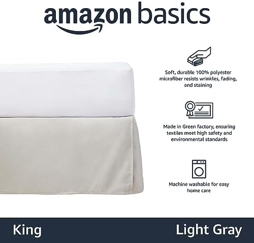 Amazon Basics Lightweight Pleated King Size Bed Skirt, Wrinkle and Fade Resistant, Machine Washable, Dust Ruffle, Light Grey, 16-inch Drop - Image 2