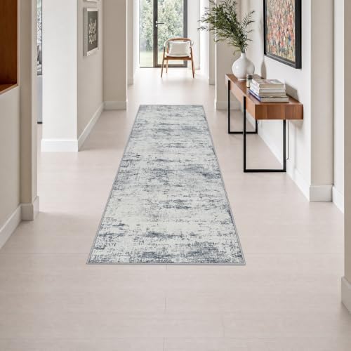 2x6 Washable Runner Rug：Modern Abstract Soft Carpet Blue Grey by FXRHLP