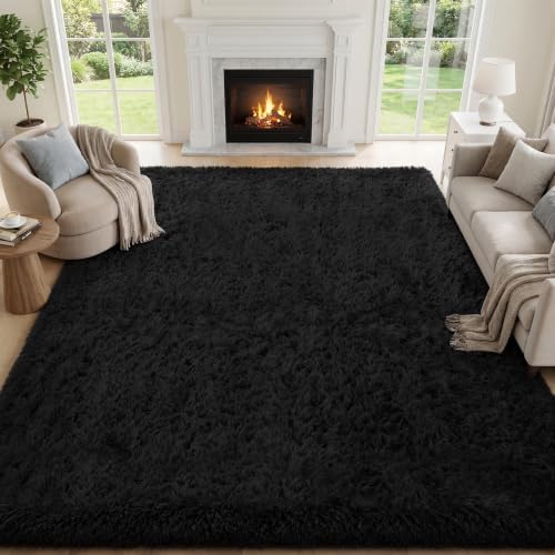 PLHXFR 6x9 Area Rugs Living Room: Fluffy Bedroom Rug Shag Carpet Black by PLHXFRSoftAreaRugs