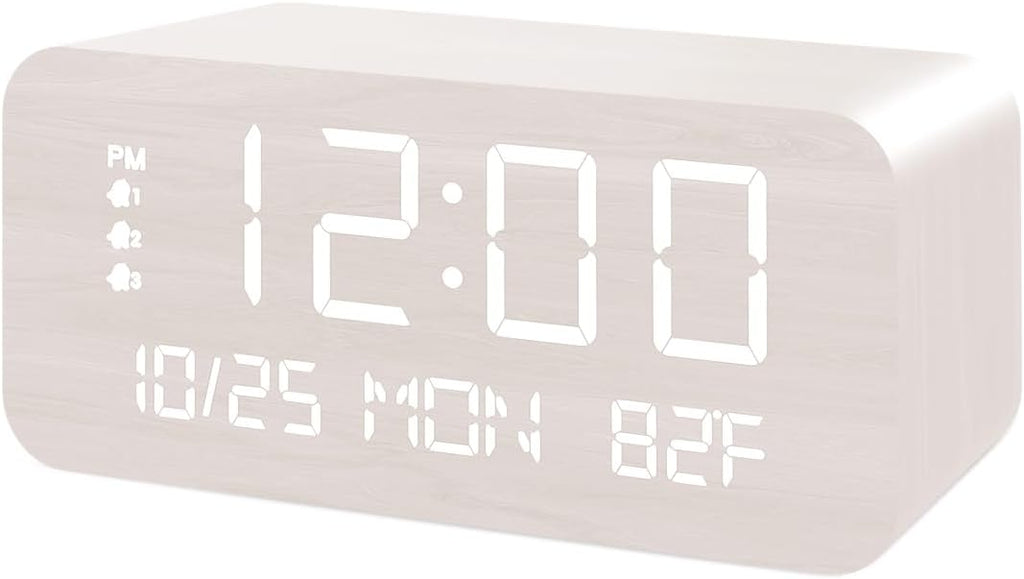 JALL Digital Alarm Clock, with Wooden Electronic LED Time Display, 3 Alarm Settings, Humidity & Temperature Detect, Wood Made Electric Clocks for Bedroom, Bedside, Desk (White-Wireless)
