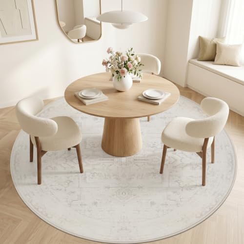 Round Area Rug Living Room: 6ft Washable Carpet Neutral Cream - Image 2