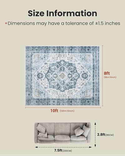 Amada Large 8x10 Washable Area Rug for Living Room, Ivory/Blue, Vintage - Image 2