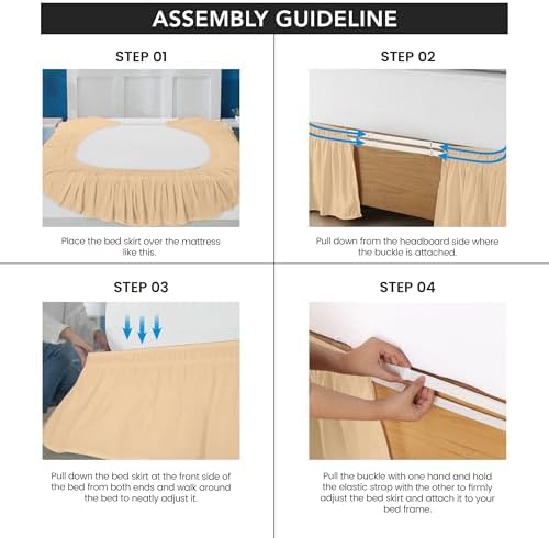 Wrap Around Queen Bed Skirt, Easy Fit Elastic Belt, 16 Inch Drop, Beige - Image 4