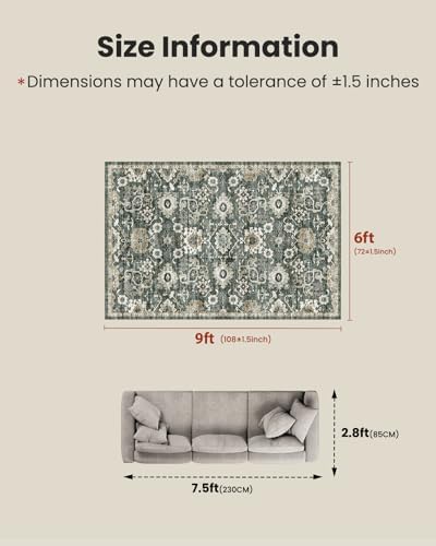 Amada 6x9 Washable Area Rug for Dining Room, Green/Brown, Vintage Pattern - Image 2