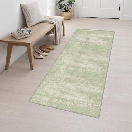 2.6x8 Washable Runner Rug：Modern Abstract Soft Carpet Green Cream - Image 3