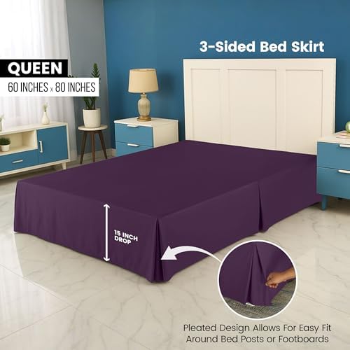 Queen Size Pleated Bed Skirt, Hides Under-Bed Storage 16 Inch Drop, Purple - Image 2