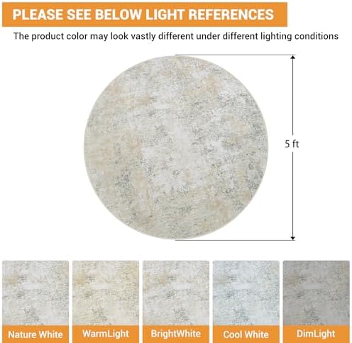 Aelenmu Round Rug 5ft Washable Rug for Dining Room Living Room Beige Grey - Image 2