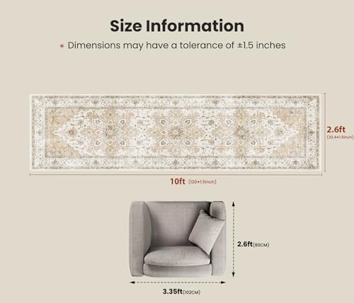 Amada 2'6"x10' Washable Runner Rug for Hallway, Beige, Vintage Style - Image 2