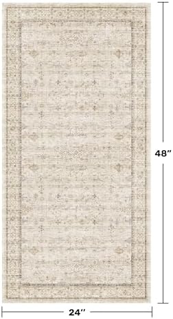 Washable 2x4 Beige Bathroom Rugs, Farmhouse Small Rugs for Entryway, Geometric Floral Design Non Slip Kitchen Floor Mats, Modern Home Décor, Low Pile & Soft Stain Resistant Carpet - Image 2