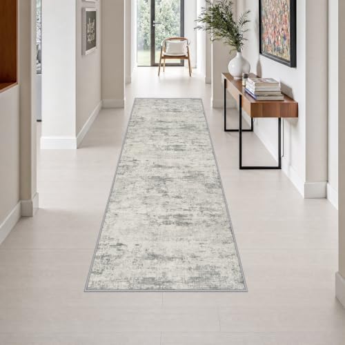 2.6x8 Washable Runner Rug：Modern Abstract Kitchen Soft Carpet Gray by FXRHLP