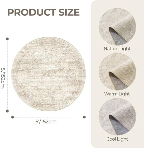 Round Rug 5ft,Circle Rug for Dining Room Table,Beige - Image 2