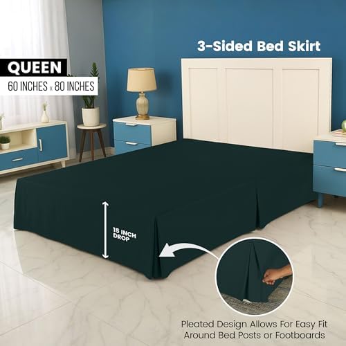 Queen Size Pleated Bed Skirt, Hides Under-Bed Storage 16 Inch Drop, Emerald - Image 2