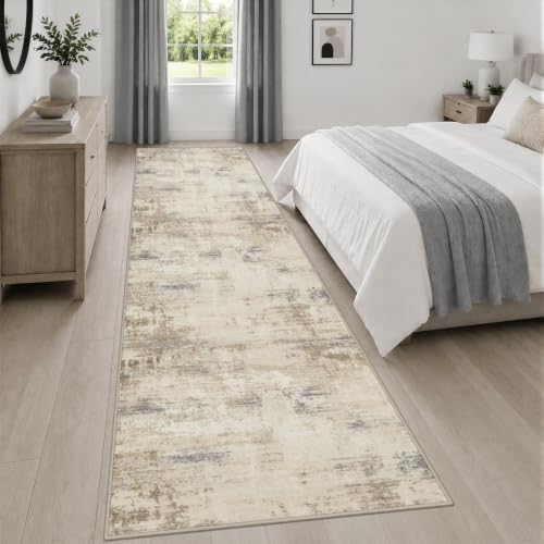 3x14 Washable Runner Rug：Modern Abstract Soft Carpet Beige Brown - Image 4