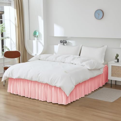 MEILA Wrap Around Bed Skirt Three Fabric Sides Elastic Dust Ruffled 12 Inch Tailored Drop,Easy to Install Fade Resistant-Pink, Queen/King - Image 2