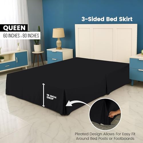 Queen Size Pleated Bed Skirt, Hides Under-Bed Storage 16 Inch Drop, Black - Image 2