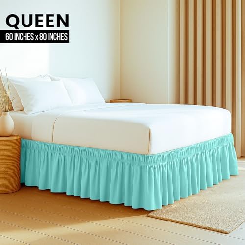 Wrap Around Queen Bed Skirt, Easy Fit Elastic Belt, 16 Inch Drop, Spa Blue - Image 3