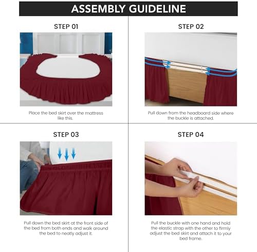 Wrap Around Queen Bed Skirt, Easy Fit Elastic Belt, 16 Inch Drop, Burgundy - Image 4