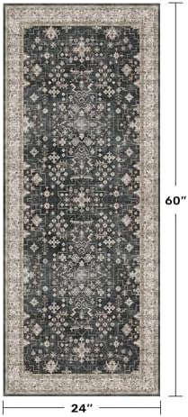 Black Entryway 2x5 Runner Rug, Small Throw Runners for Kitchen Bedroom Bathroom Laundry Room, Vintage Floral Decor & Non-Slip Low-Pile Washable Stain Resistant, Dark Ashen Charcoal - Image 2