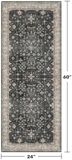 Black Entryway 2x5 Runner Rug, Small Throw Runners for Kitchen Bedroom Bathroom Laundry Room, Vintage Floral Decor & Non-Slip Low-Pile Washable Stain Resistant, Dark Ashen Charcoal - Image 2