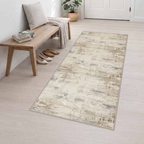 3x8 Washable Runner Rug：Modern Abstract Soft Carpet Beige Brown - Image 3