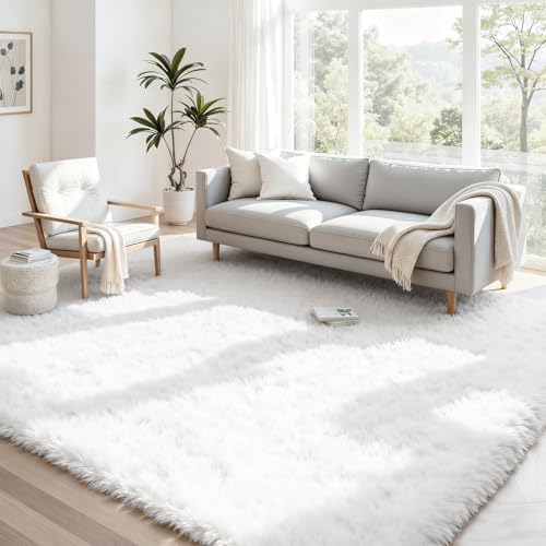 4x6 Fluffy Shag Area Rugs for Living Room Bedroom: Soft Plush Carpet White by CarpetAddColortoYourLife