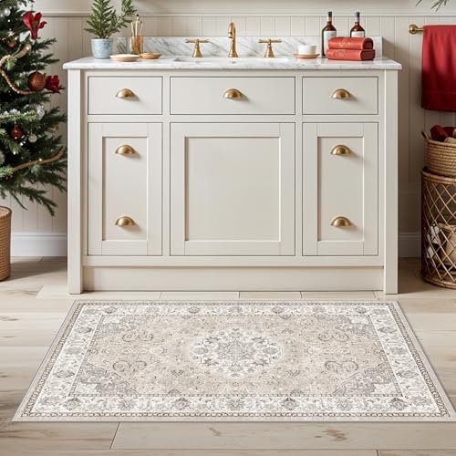 Washable 2x4 Entryway Area Rugs: Vintage Water Resistant Kitchen Rug Non-Slip Durable Doormat Ultra Soft Living Room Bedroom Carpet Indoor Low Pile Floor Mat for Bathroom Dining Room(2x4,Beige) - Image 2