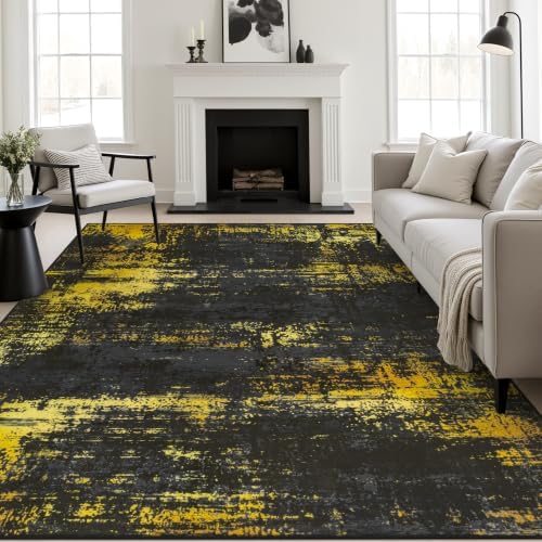 10x14 Area Rug Living Room: Modern Washable Soft Carpet Black Gold by FXRHLP