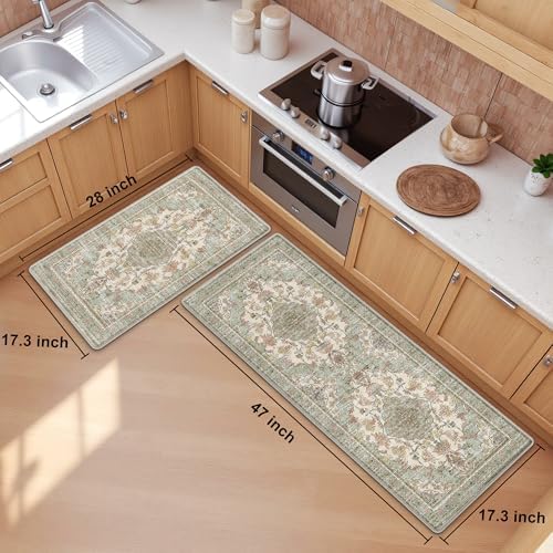 Boho Kitchen Mats for Floor 2PC Anti Fatigue Kitchen Rugs, Green Beige - Image 2
