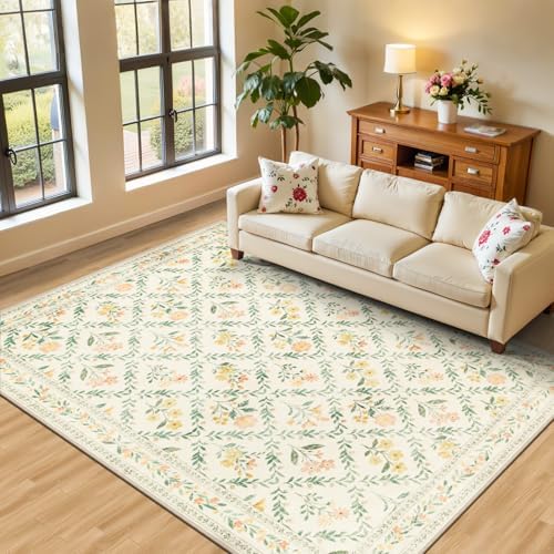 PLHXFR Area Rug Living Room: 4x6 Floral Washable Boho Carpet Beige Multi by PLHXFRSoftAreaRugs