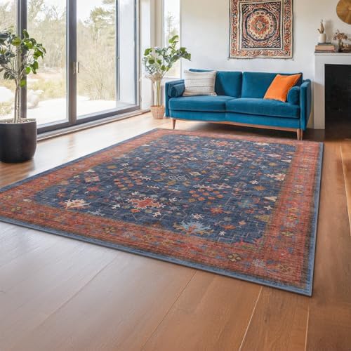 Hazo Haus Dining Room Rugs for Under Table - 6x8 Washable Area Rug for Living Room, Low Pile Non-Slip Rugs for Bedroom - Navy Blue & Terracotta Vintage Boho Eclectic Home Decor - Image 6